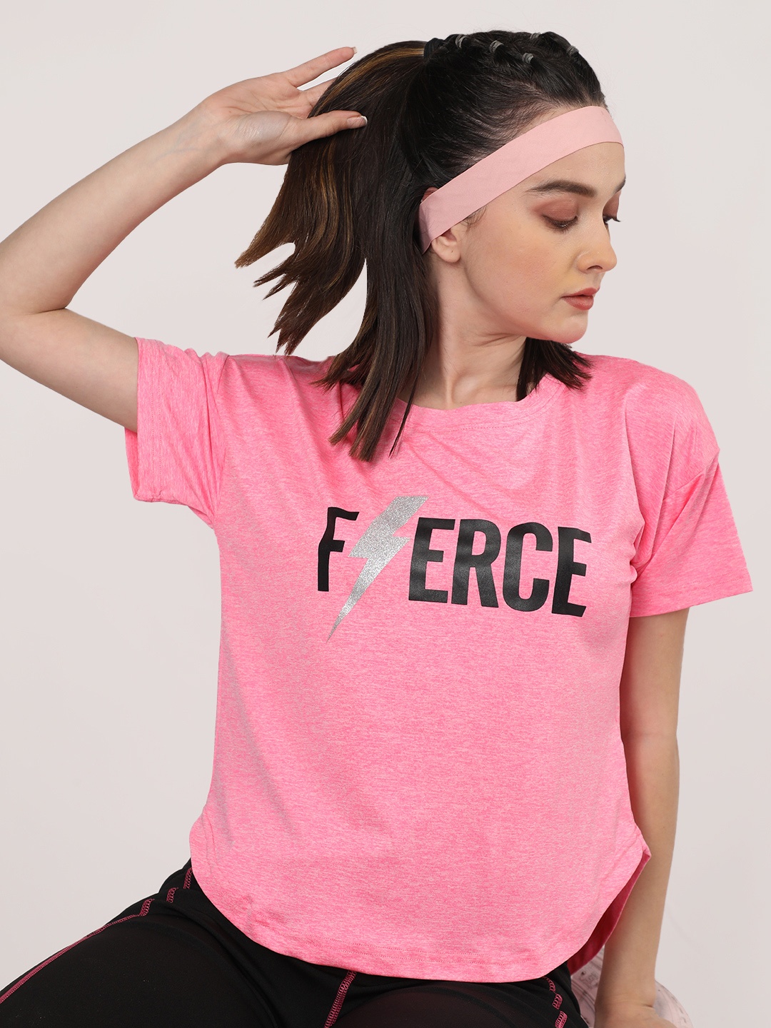 CHKOKKO Typography Printed Drop-Shoulder Sleeves Dry Fit Sports T-shirt, Pink