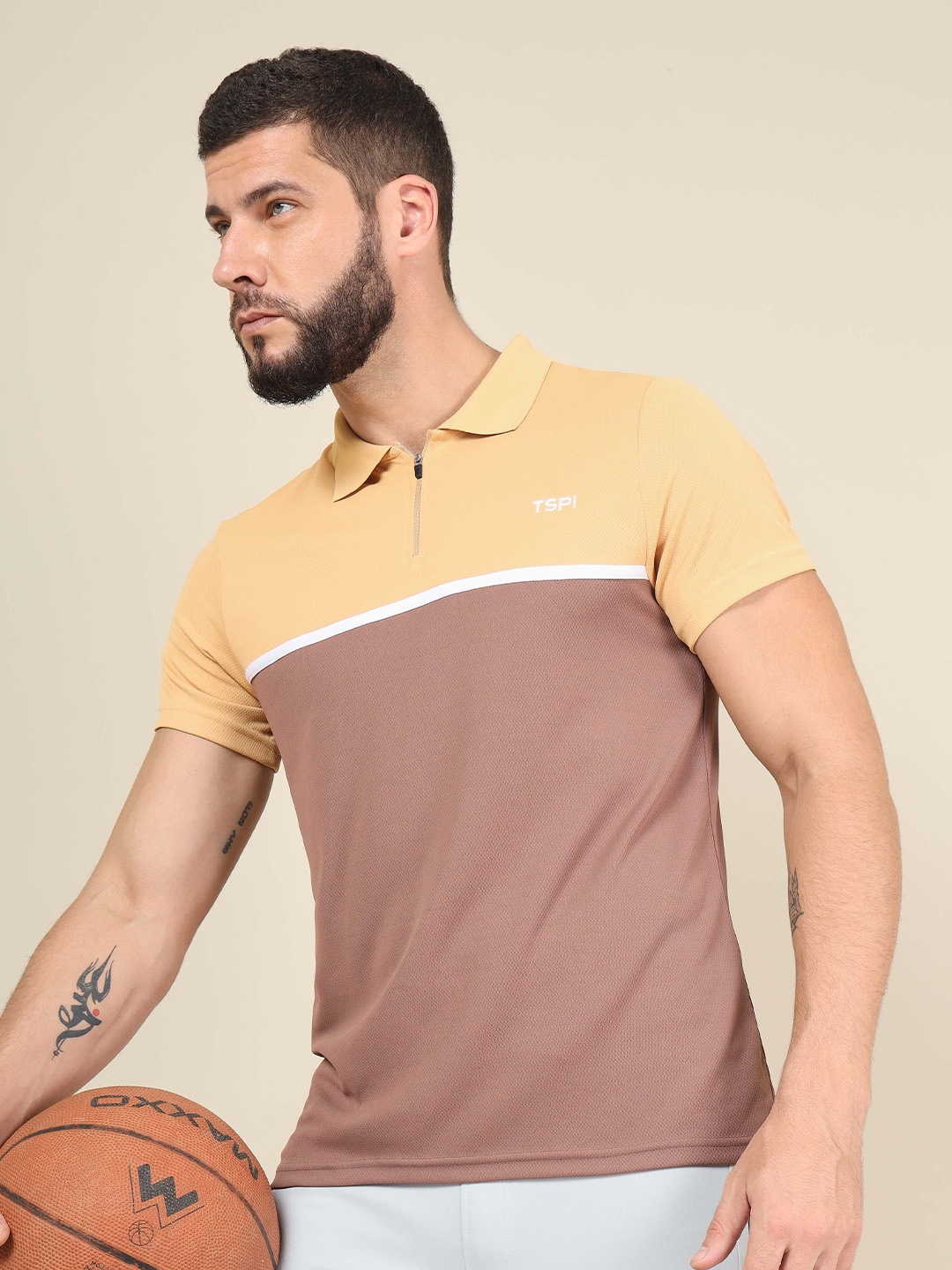 

Technosport Colourblocked Polo Collar Rapid-Dry Moisture-Wicking Slim Fit T-shirt, Brown