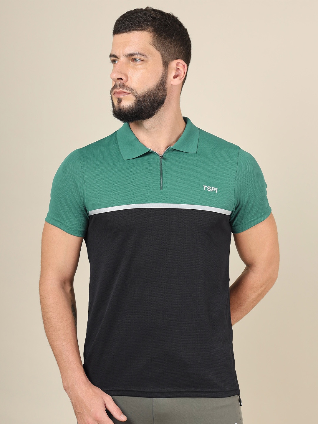 

Technosport Colourblocked Polo Collar Rapid-Dry Moisture-Wicking Slim Fit T-shirt, Black