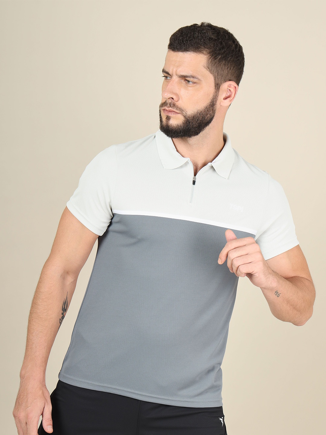 

Technosport Colourblocked Polo Collar Rapid-Dry Moisture-Wicking Slim Fit T-shirt, Grey