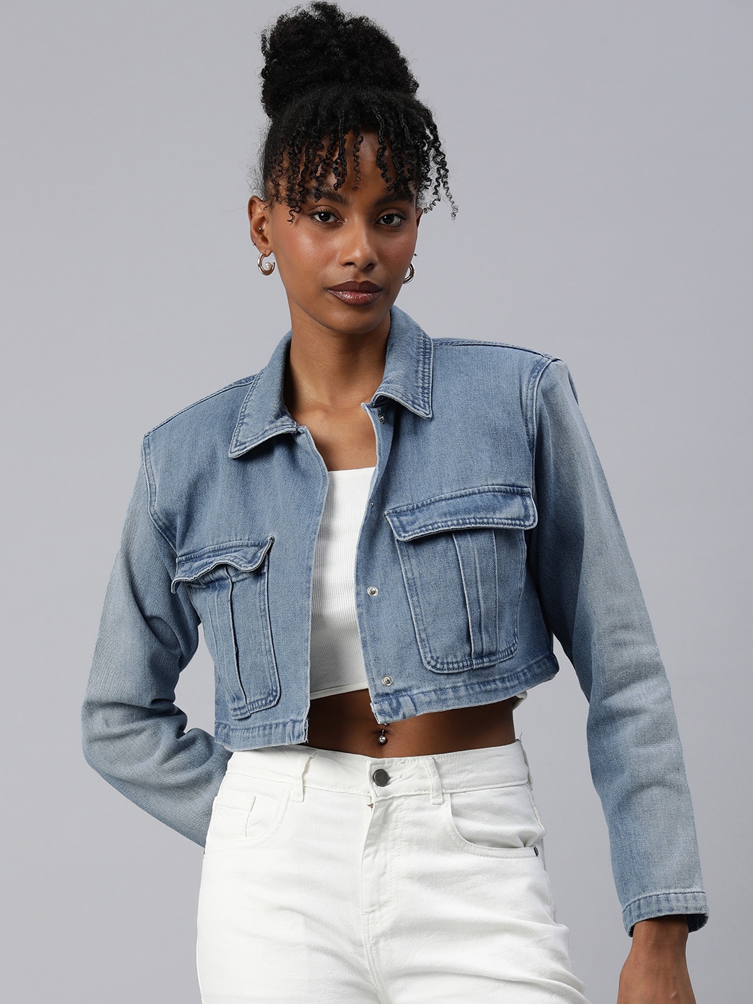 

London Rag Shoulder Padded Crop Denim Jacket, Blue