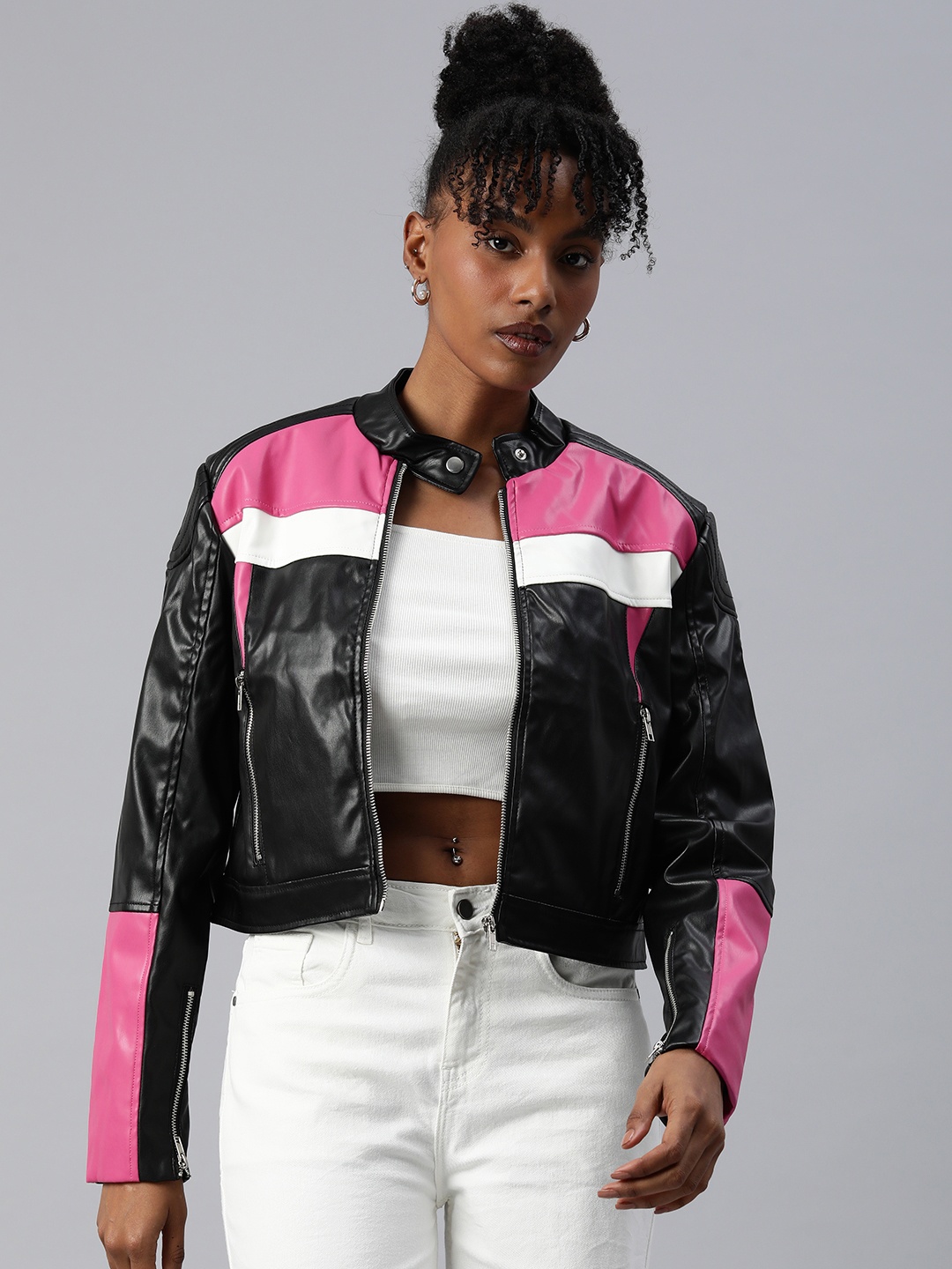 

London Rag Colourblocked Biker Jacket, Black