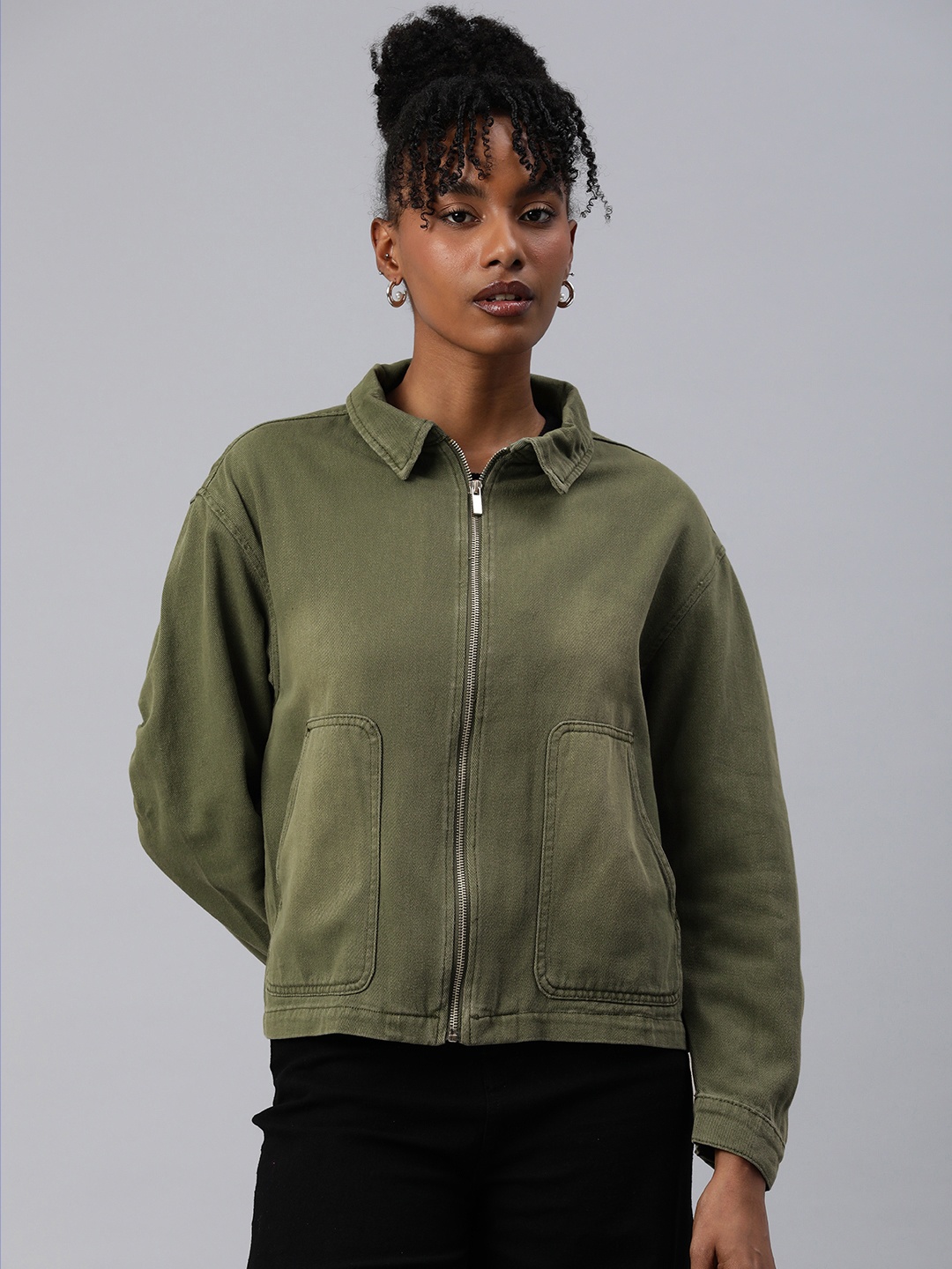 

London Rag Ruched Sleeves Denim Jacket, Olive