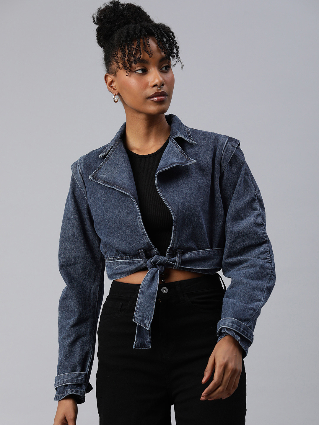 

London Rag Crop Denim Jacket with Tie-Up Detail, Navy blue