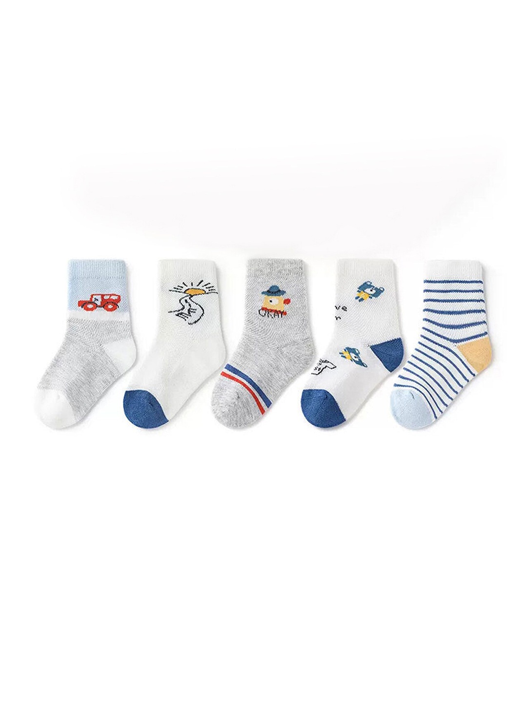 

SYGA Kids Pack Of 5 Patterned Pure Cotton Ankle-Length Socks, Blue