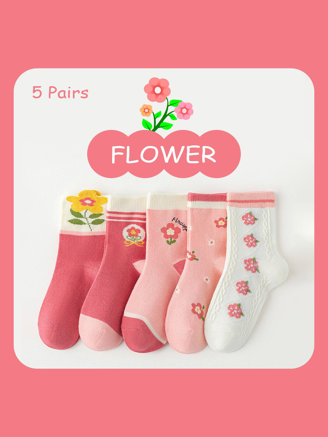 

SYGA Kids Pack Of 5 Patterned Pure Cotton Stretchable Above Ankle-Length Socks, Pink