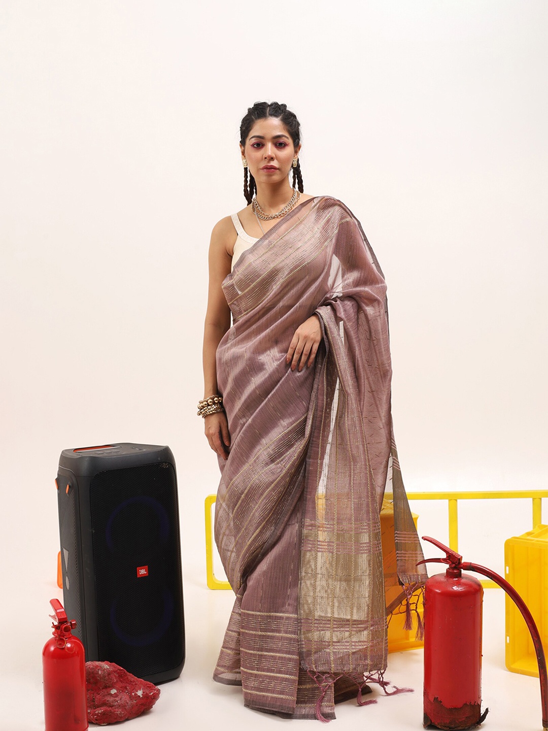 

Tikhi Imli Striped Zari Jute Silk Saree, Mauve