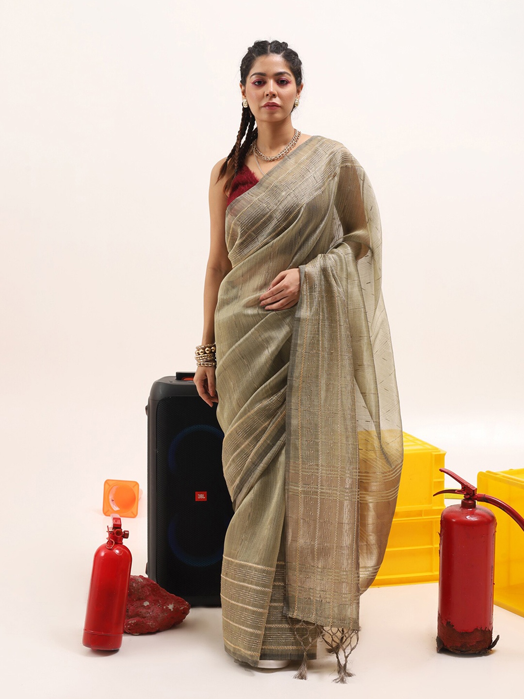 

Tikhi Imli Olive Green Striped Woven Design Jute Silk Saree