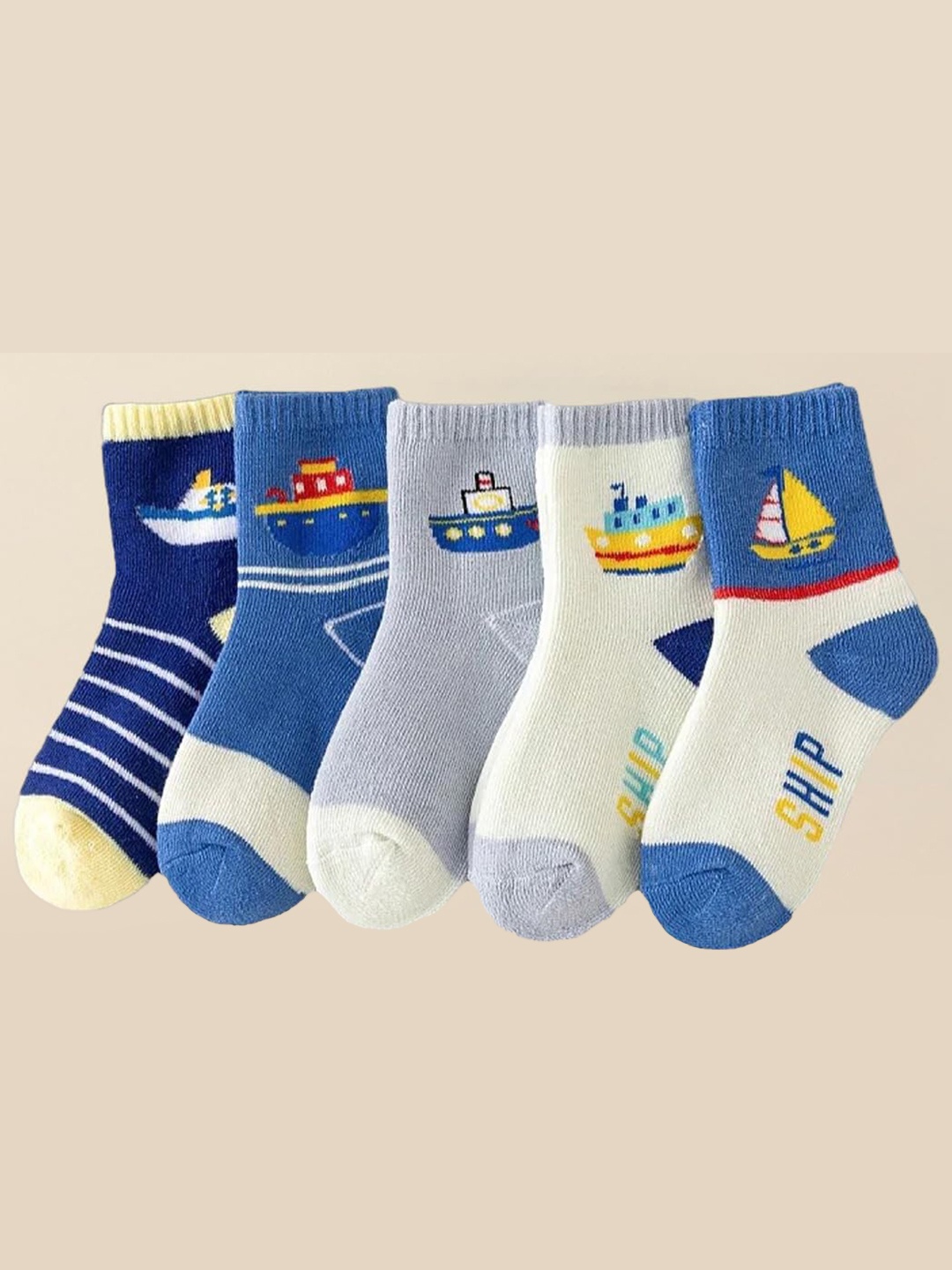 

SYGA Infants Pack Of 5 Patterned Ankle-Length Pure Cotton Socks, Blue
