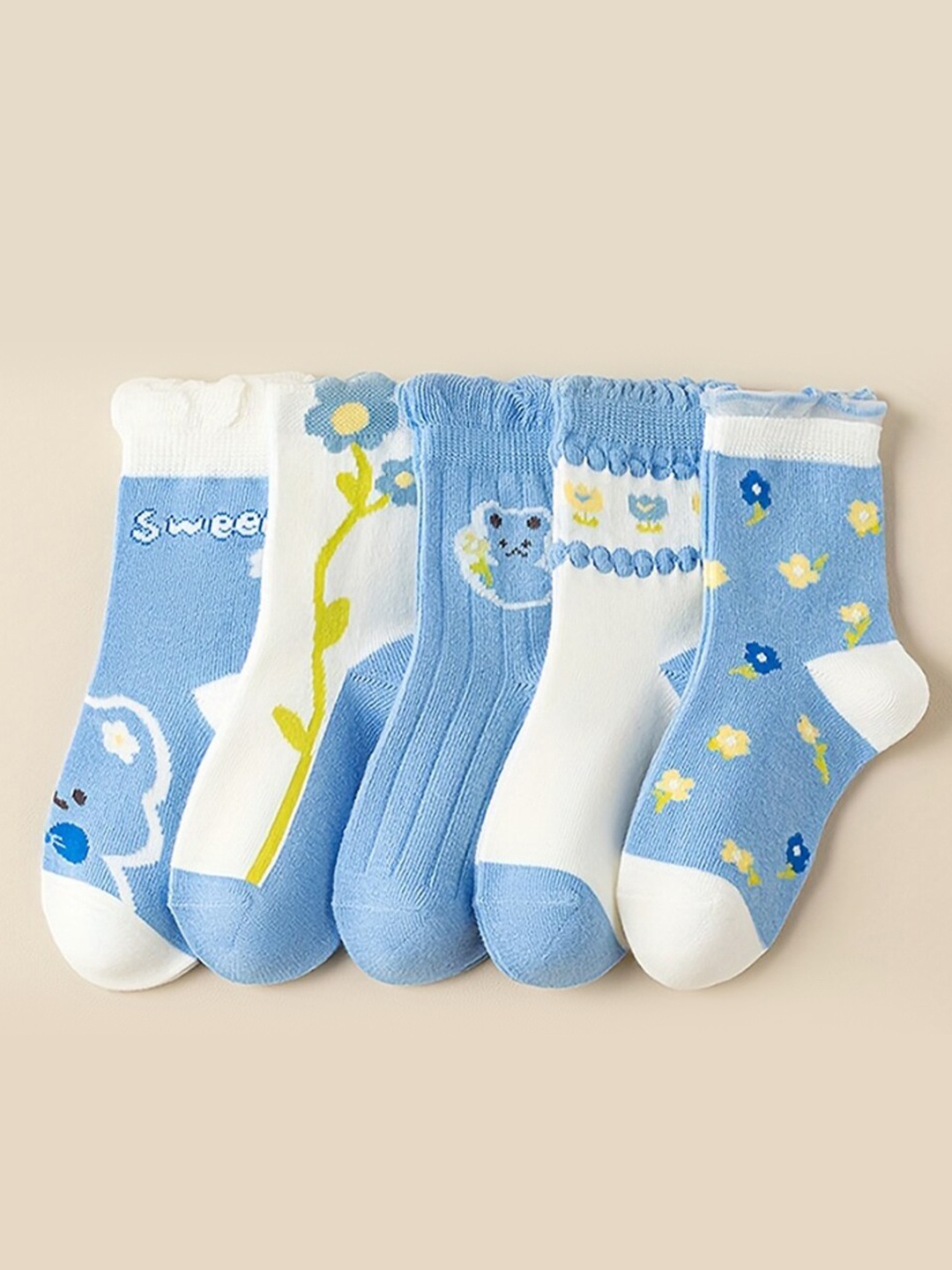 

SYGA Kids Pack Of 5 Patterned Pure Cotton Ankle-Length Socks, Blue