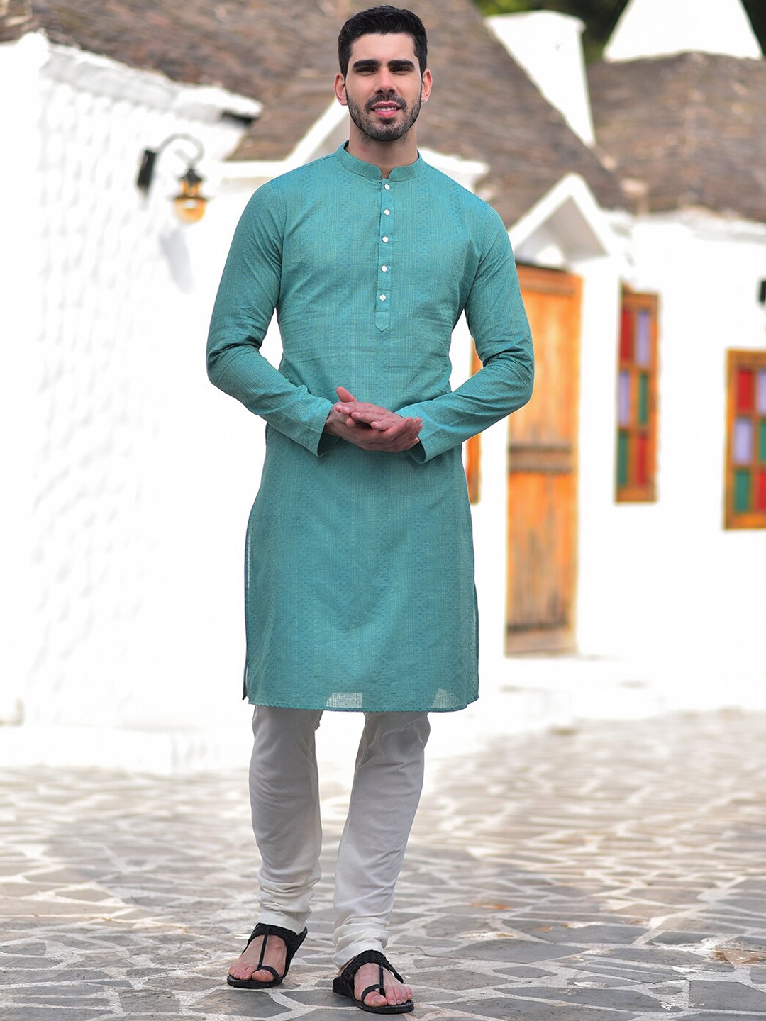 

HOUSE OF DEYANN Woven Design Jacquard Weave Straight Kurta with Churidar, Green