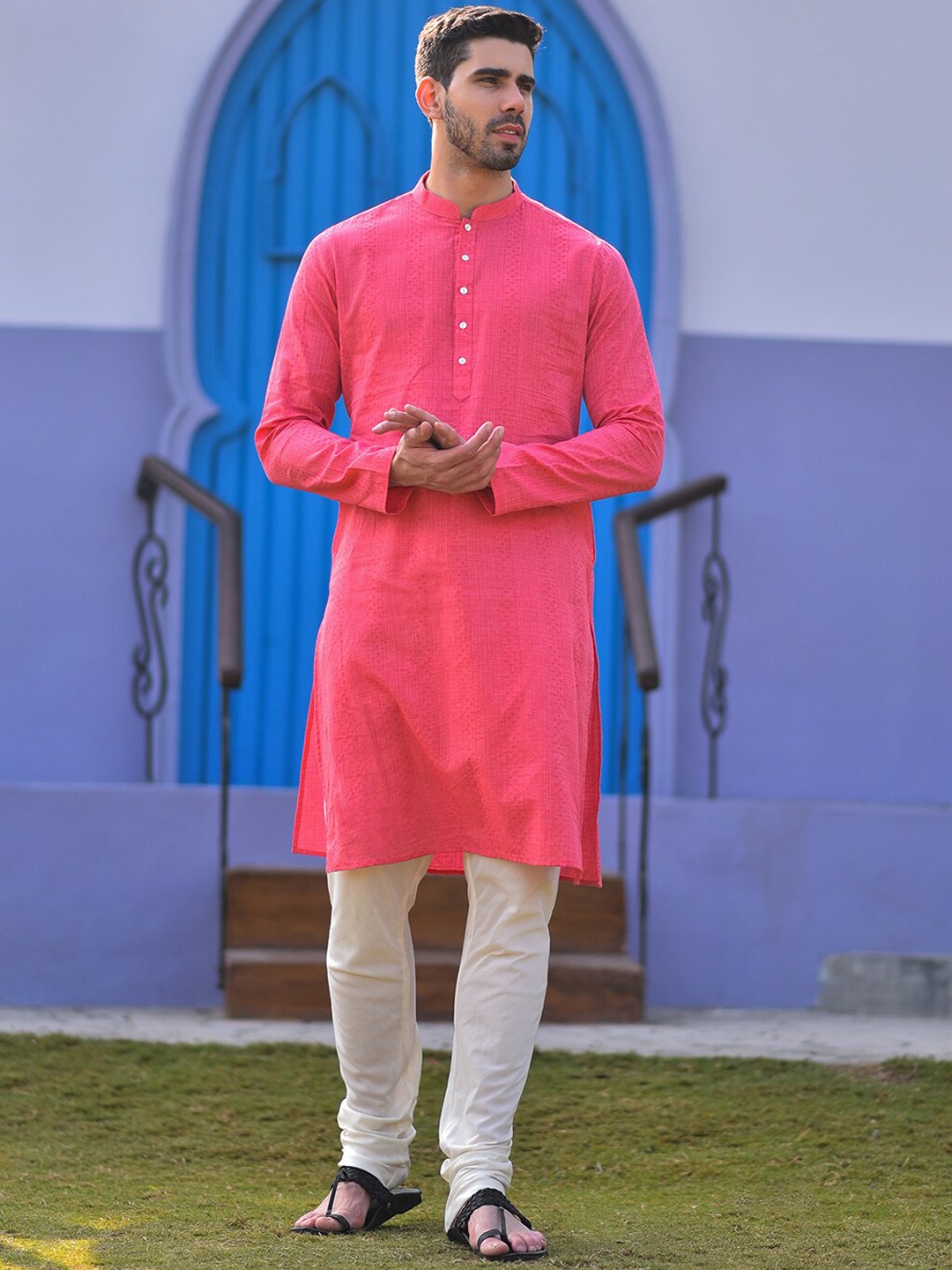 

HOUSE OF DEYANN Woven Design Jacquard Woven Straight Kurta with Churidar, Pink