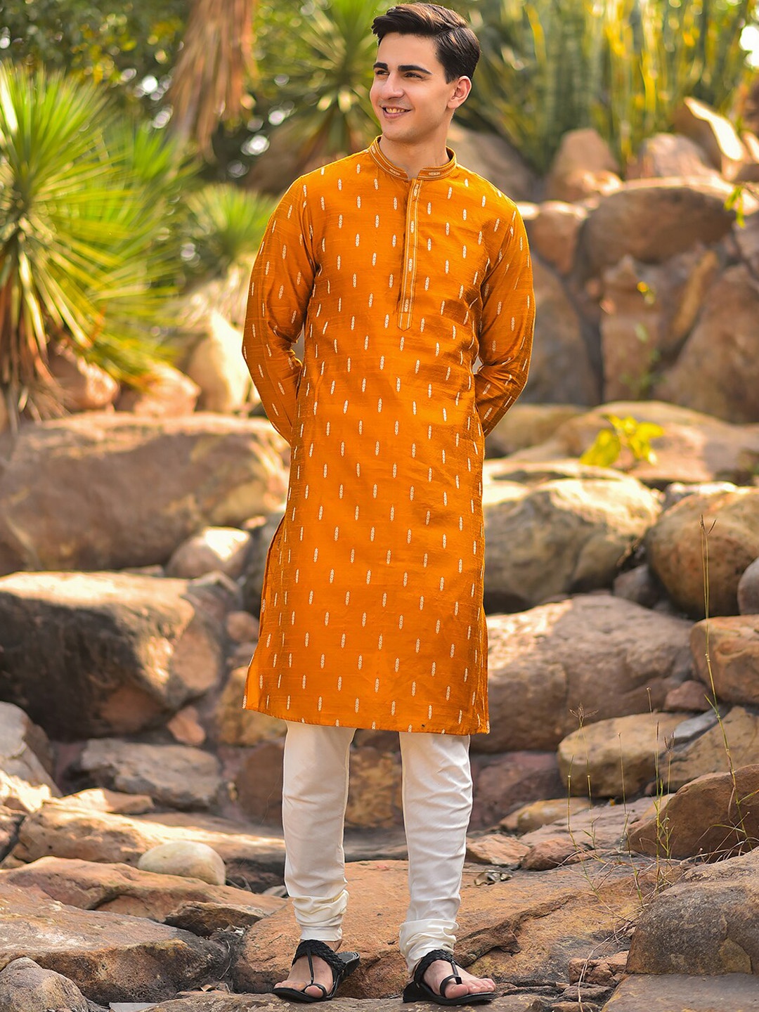 

HOUSE OF DEYANN Woven Design Jacquard Weave Straight Kurta with Churidar, Copper