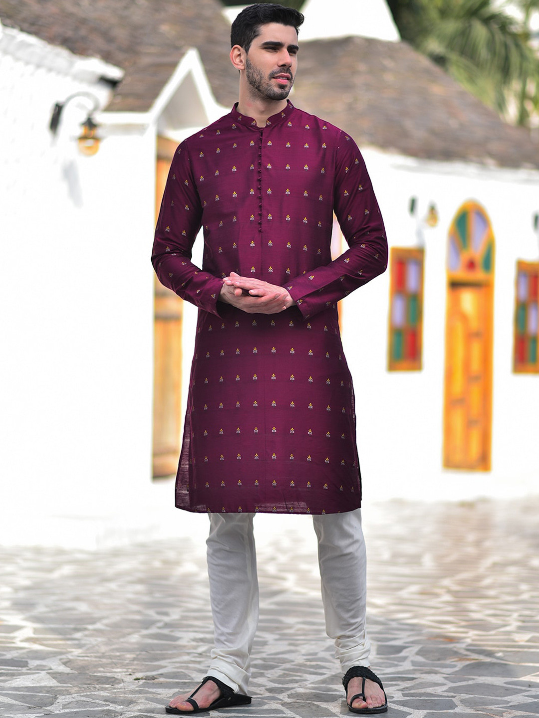 

HOUSE OF DEYANN Woven Design Jacquard Woven Straight Kurta with Churidar, Purple