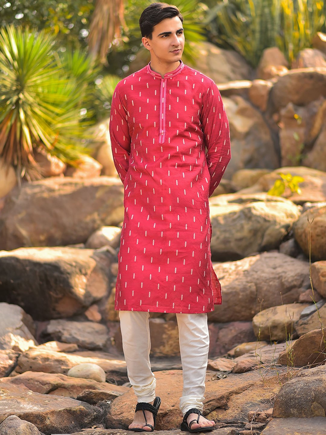 

HOUSE OF DEYANN Woven Design Jacquard Woven Straight Kurta with Churidar, Pink