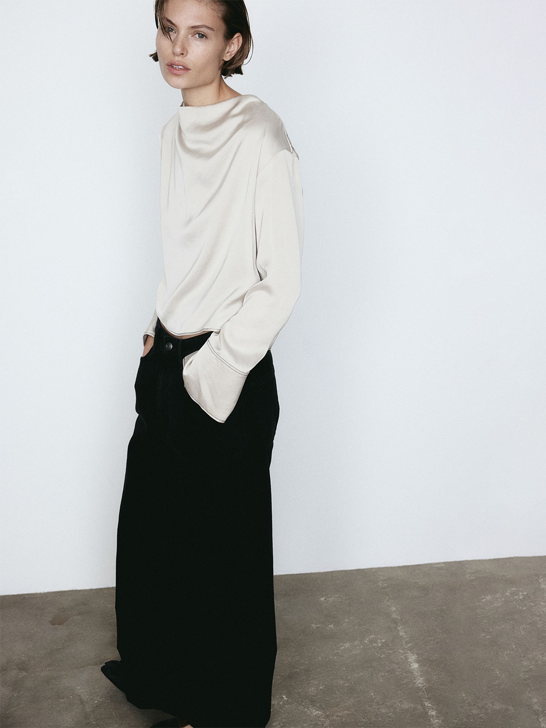 

H&M Cowl-Neck Satin Blouse, Beige