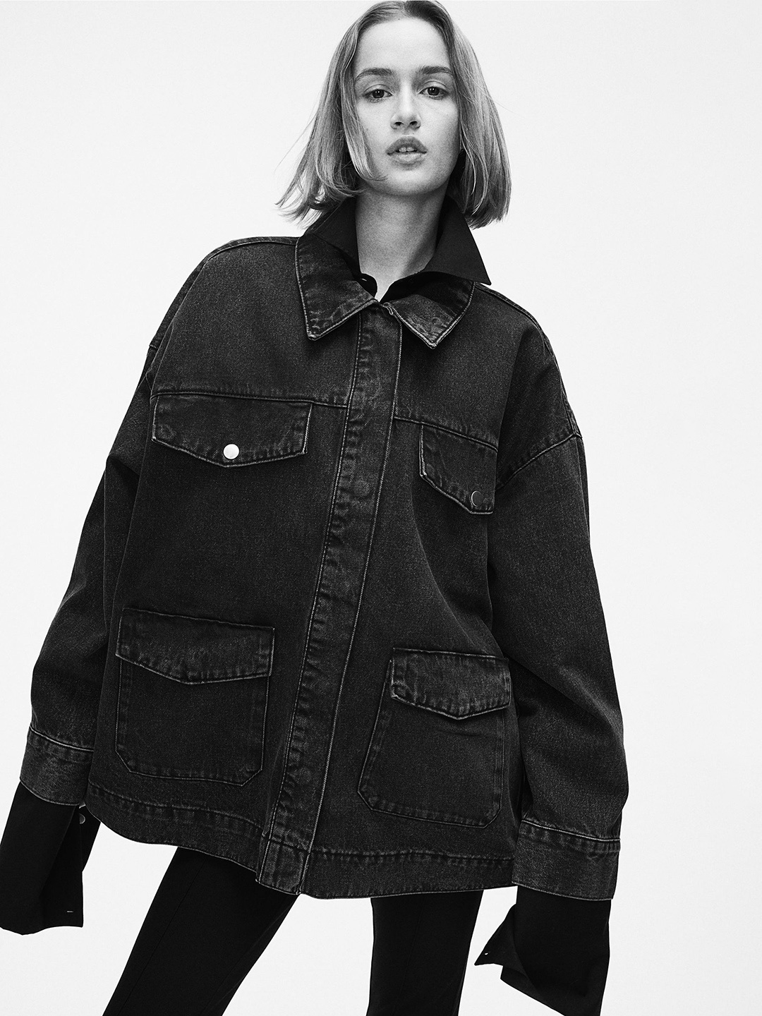 

H&M Pure Cotton Denim Shacket, Black