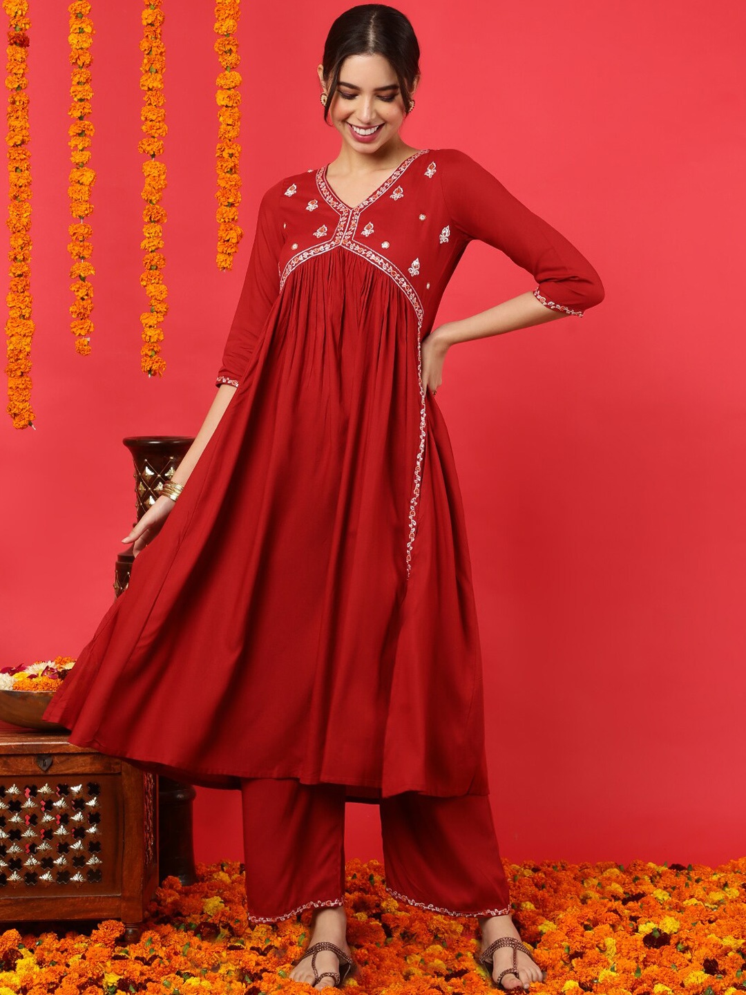 

Chandbaali V-Neck Yoke or Border Flared Kurta with Palazzos, Maroon