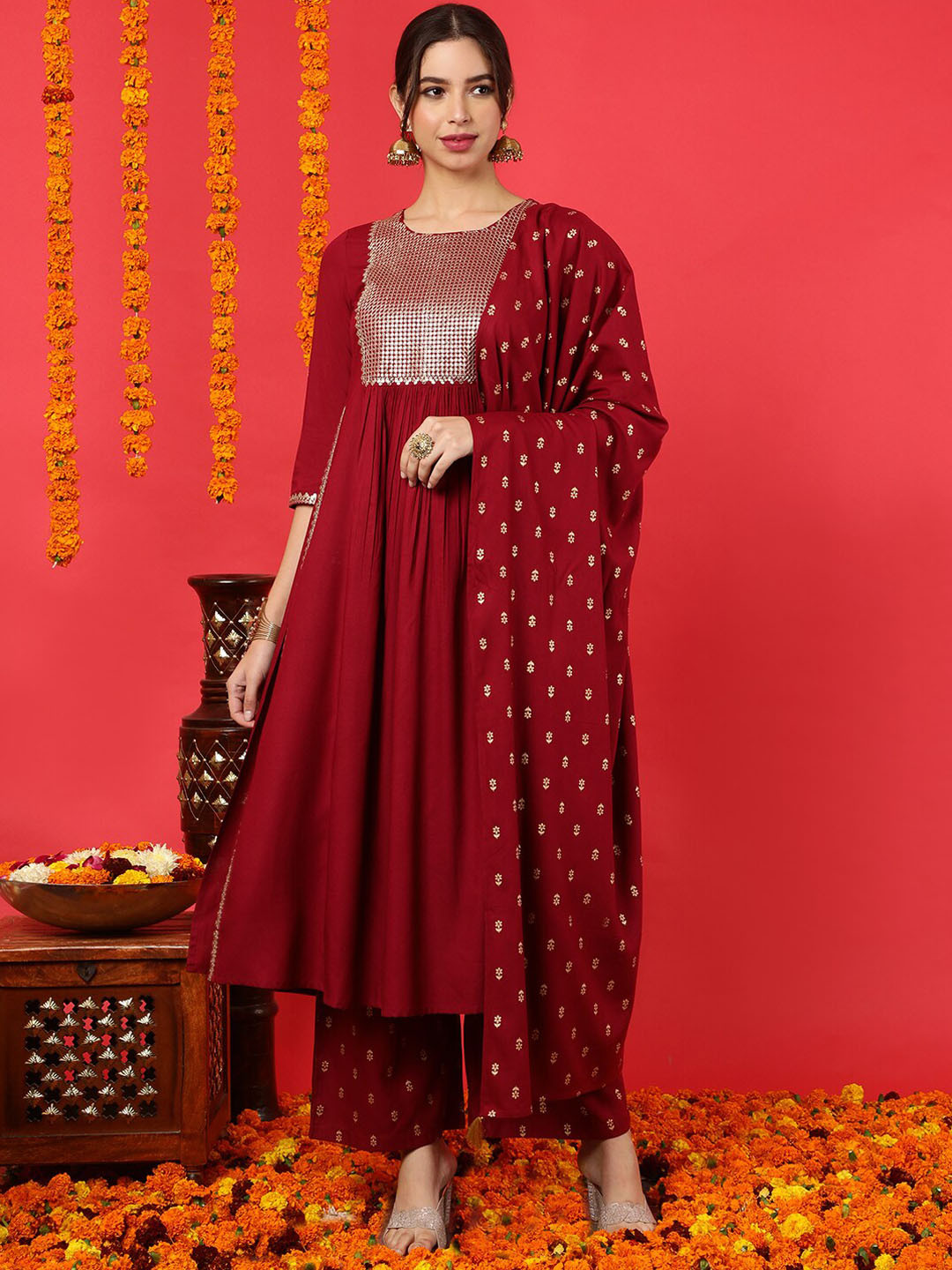 

Chandbaali Round Neck Yoke Design Gotta Patti Empire Kurta with Palazzos & With Dupatta, Maroon