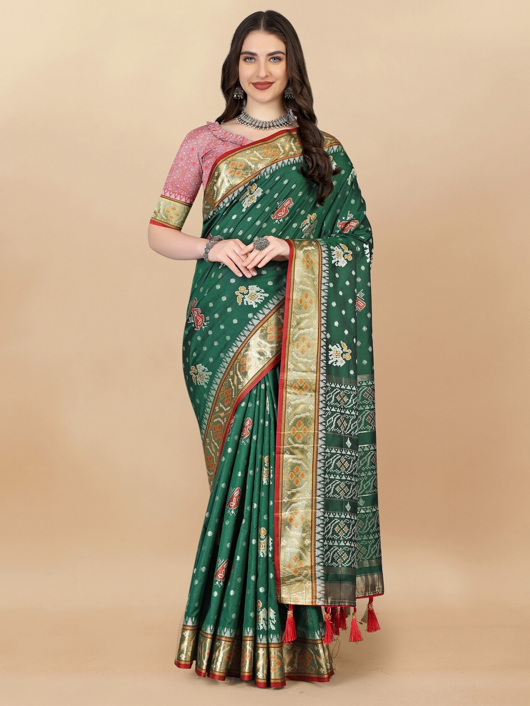 

Anouk Ethnic Motifs Woven Design Zari Pure Silk Patola Saree, Green