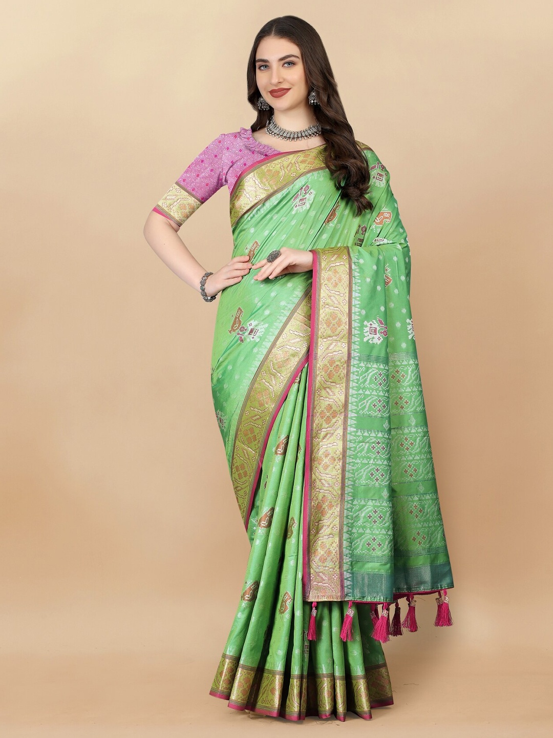

Anouk Ethnic Motifs Woven Design Zari Pure Silk Patola Saree, Green