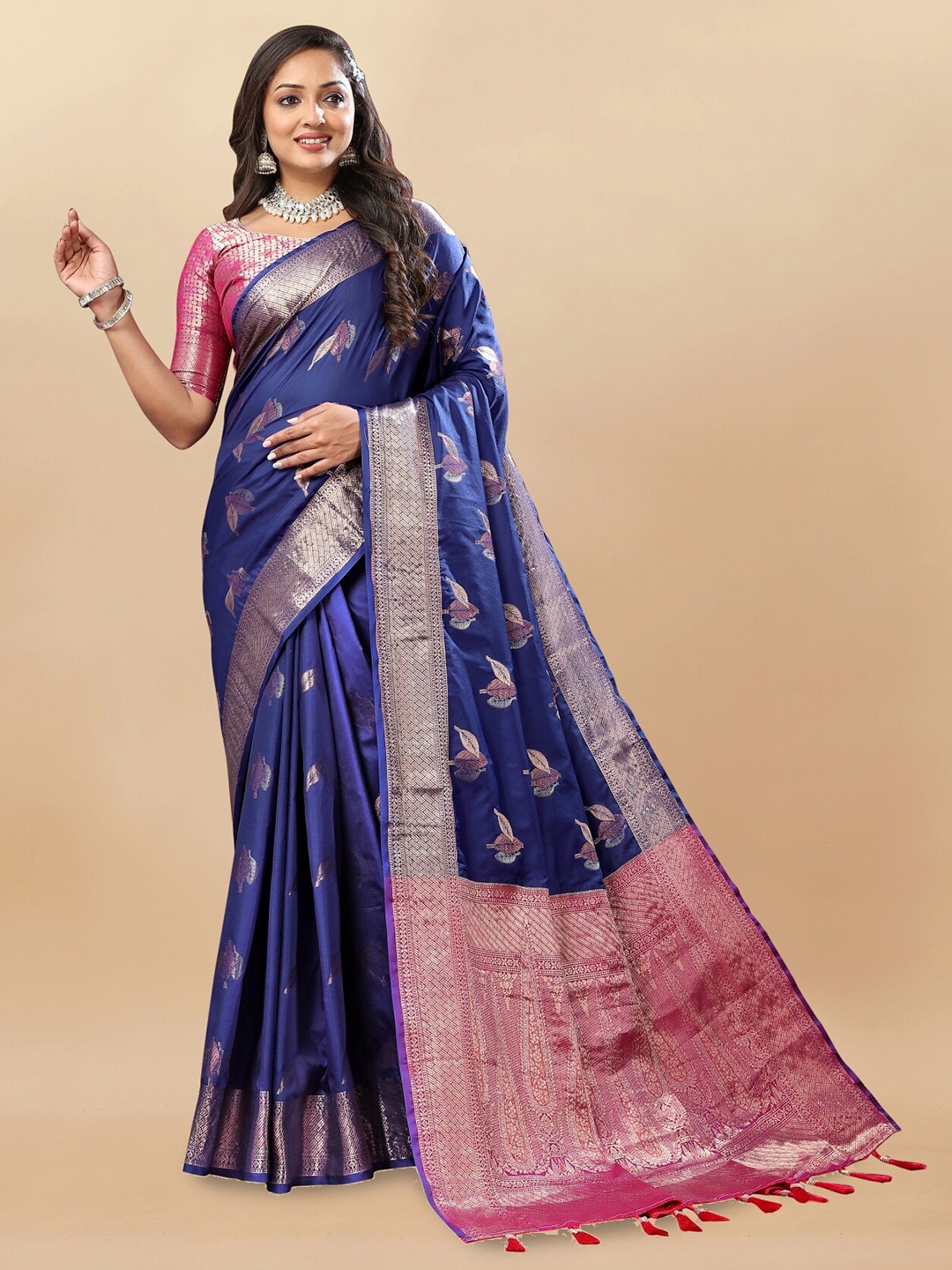 

Anouk Woven Design Zari Pure Silk Tussar Saree, Navy blue