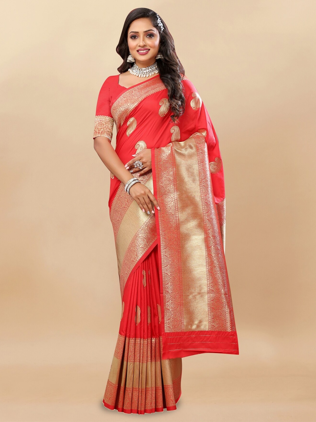 

Anouk Red Ethnic Motifs Woven Design Zari Pure Silk Saree