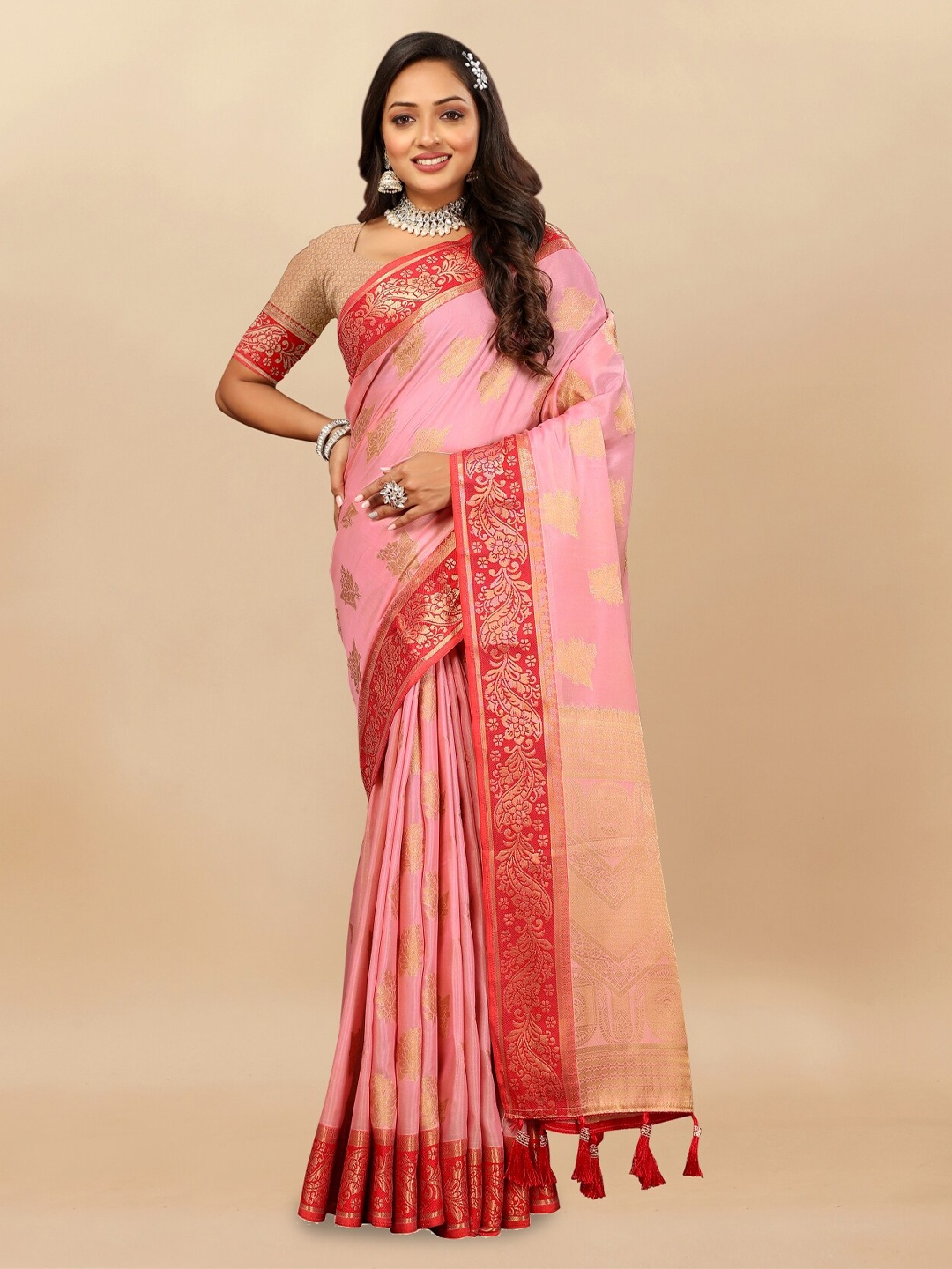 

Anouk Woven Design Zari Pure Cotton Tussar Saree, Pink