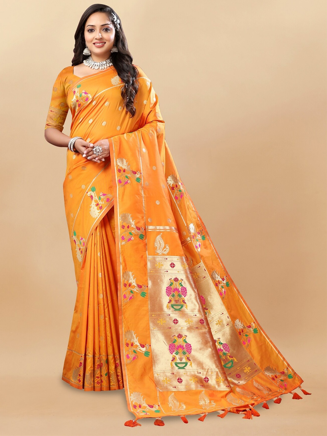 

Anouk Mustard & Gold Toned Woven Design Zari Pure Silk Paithani Saree