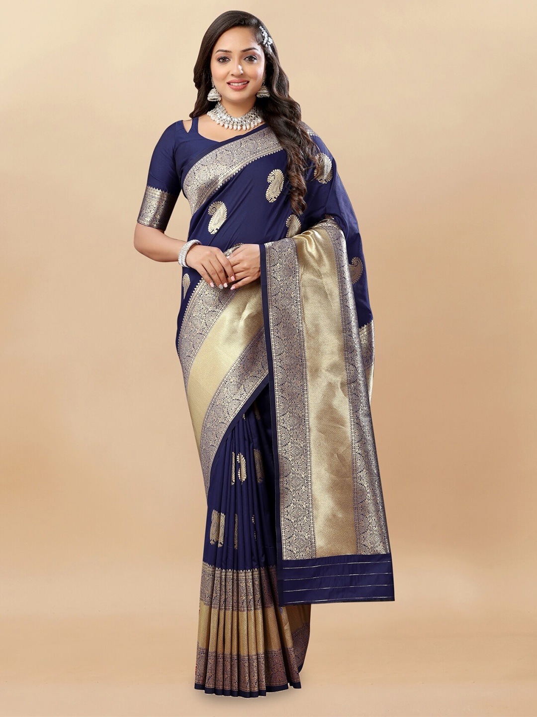

Anouk Ethnic Motifs Woven Design Zari Pure Silk Saree, Navy blue