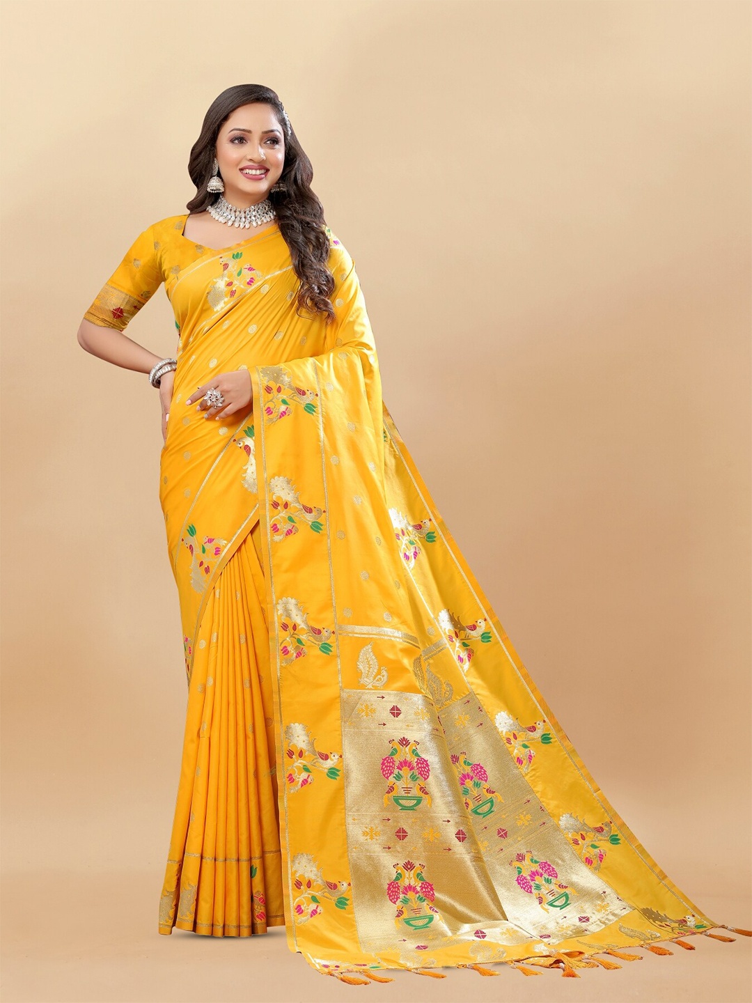 

Anouk Ethnic Motifs Woven Design Zari Pure Silk Paithani Saree, Yellow