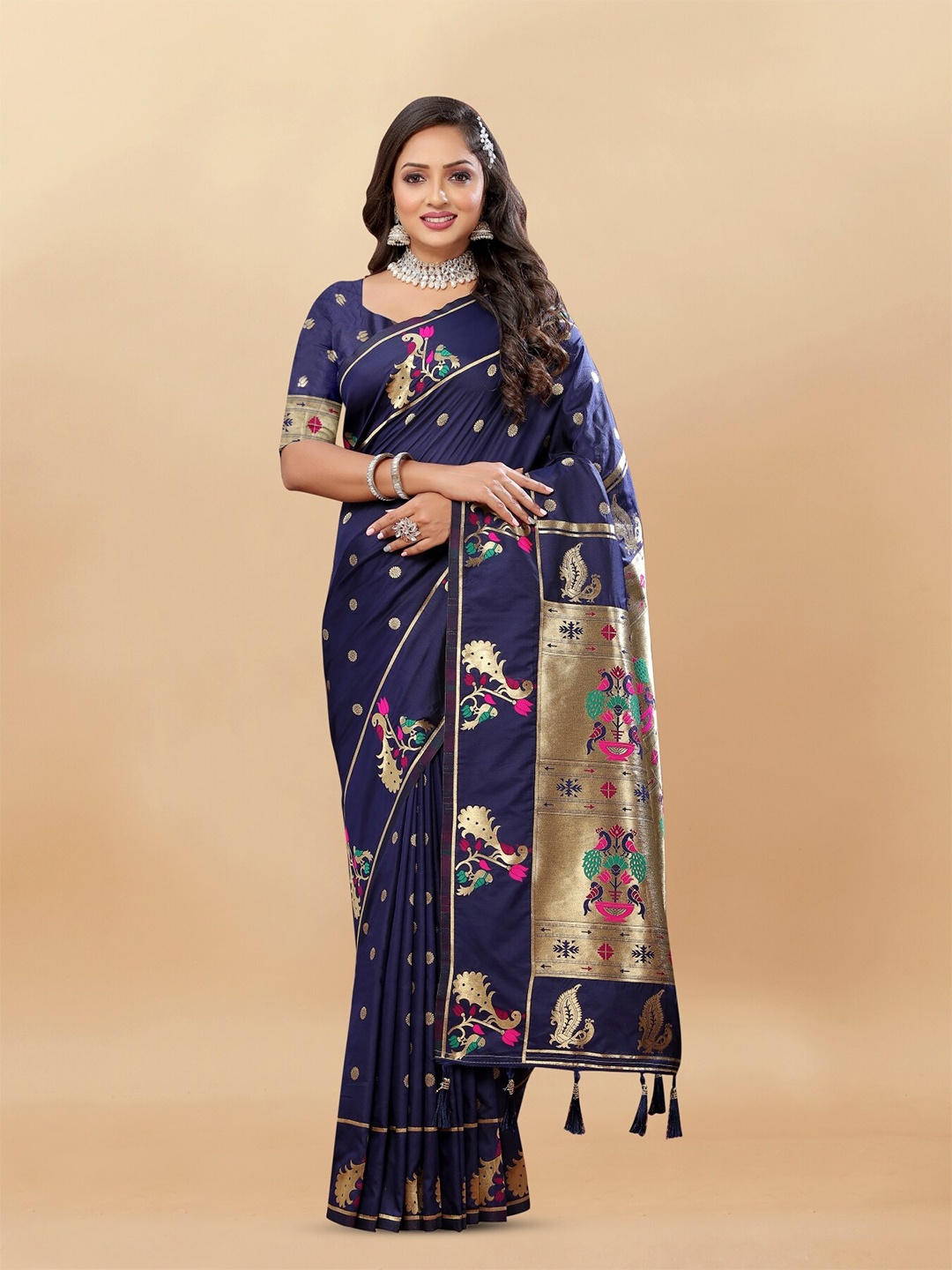 

Anouk Ethnic Woven Design Zari Pure Silk Paithani Saree, Navy blue