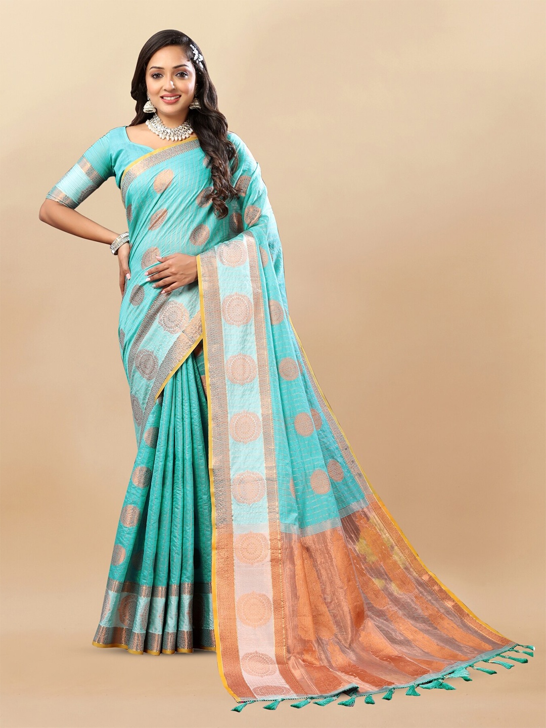 

Anouk Ethnic Motifs Woven Design Zari Pure Cotton Tussar Saree, Turquoise blue