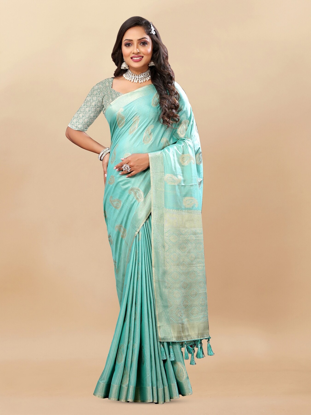 

Anouk Ethnic Motifs Woven Design Zari Pure Cotton Tussar Saree, Sea green