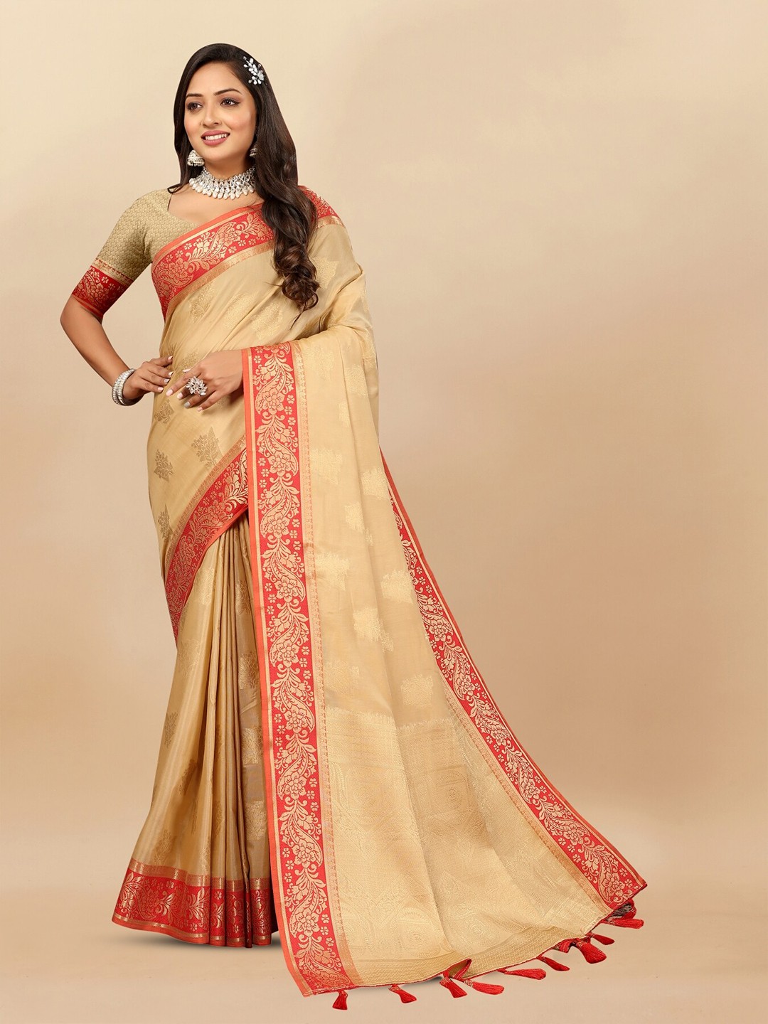 

Anouk Ethnic Woven Design Zari Pure Cotton Tussar Saree, Beige
