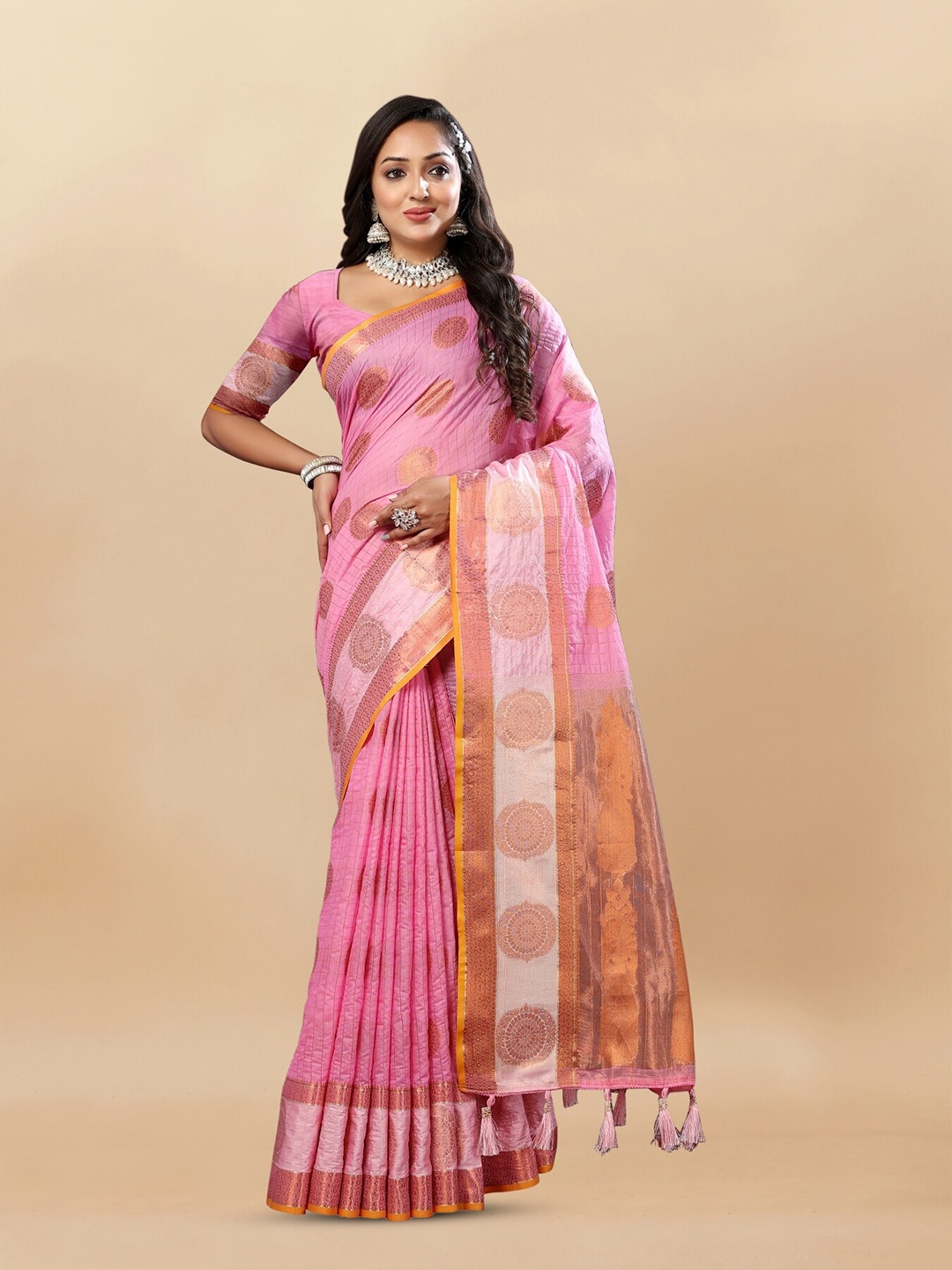 

Anouk Ethnic Motifs Woven Design Zari Pure Cotton Tussar Saree, Pink