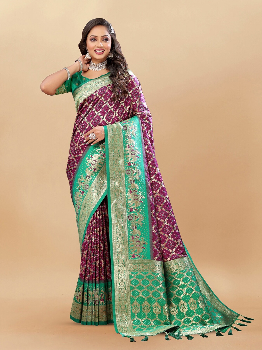Anouk Geometric Woven Design Zari Pure Silk Patola Saree, Purple