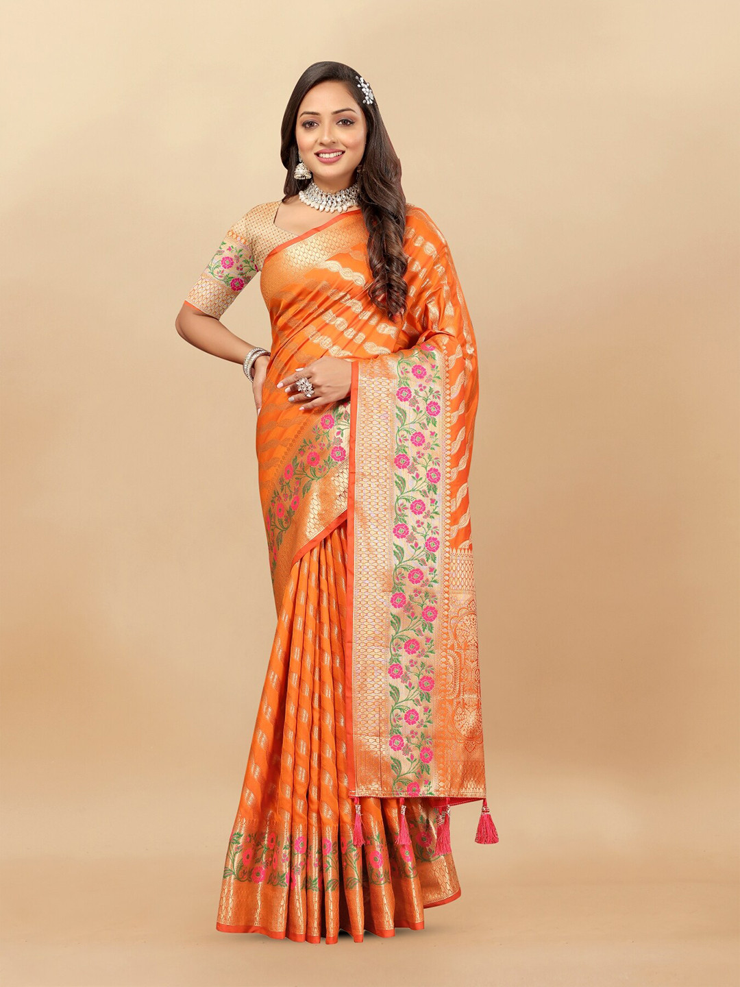 

Anouk Ethnic Motifs Woven Design Zari Pure Silk Leheriya Saree, Orange