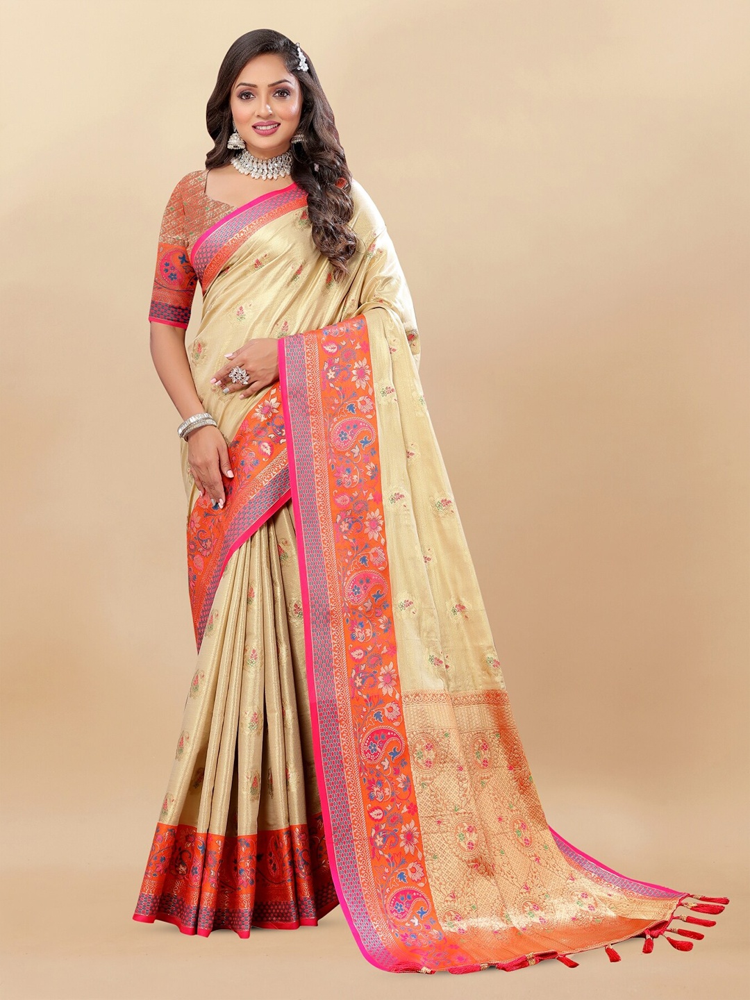 

Anouk Ethnic Woven Design Zari Pure Silk Kanjeevaram Saree, Beige
