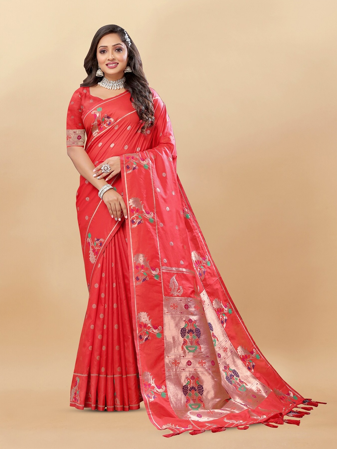 

Anouk Ethnic Motifs Woven Design Zari Pure Silk Paithani Saree, Red