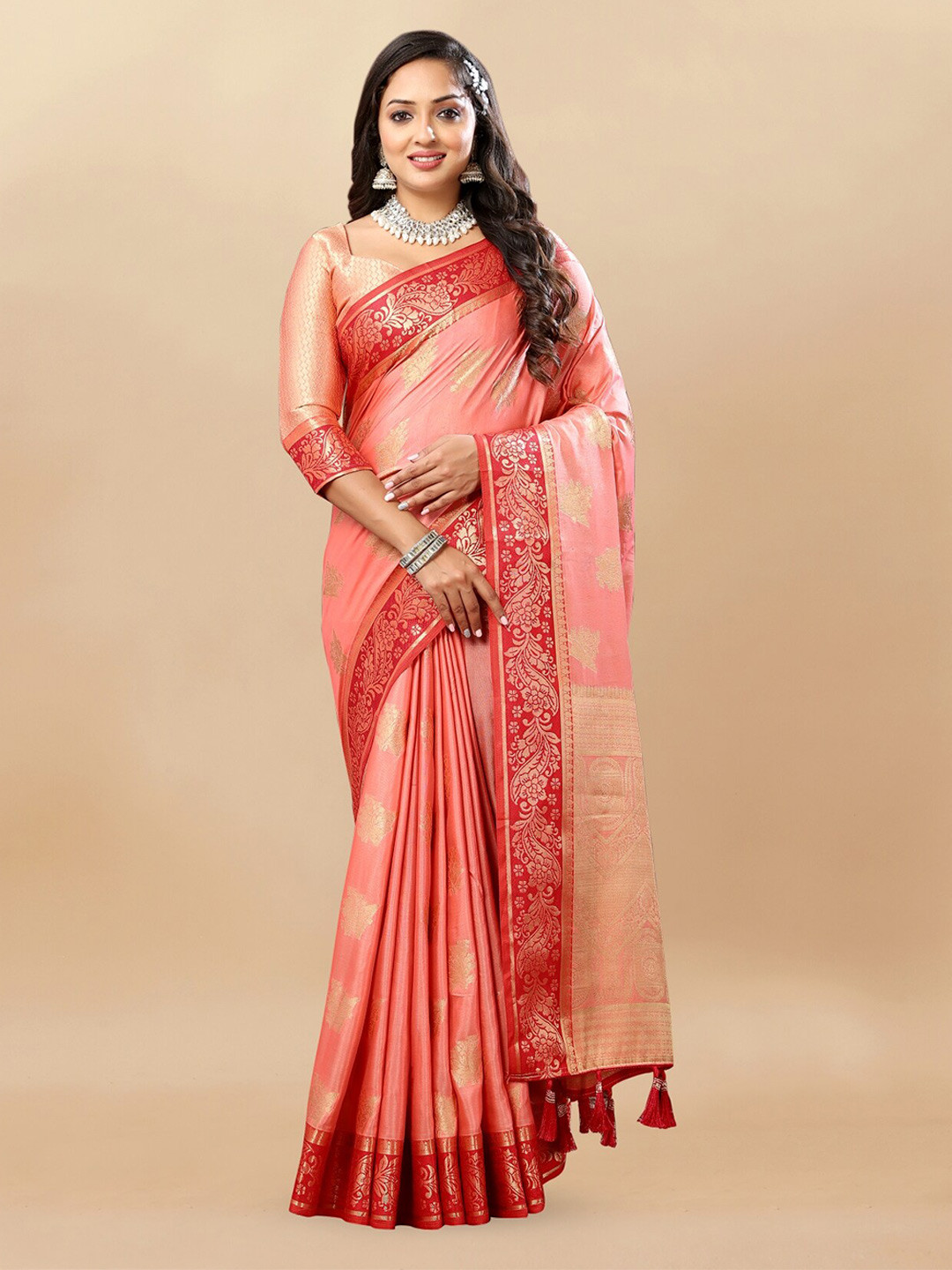 

Anouk Peach Floral Woven Design Zari Tussar Saree