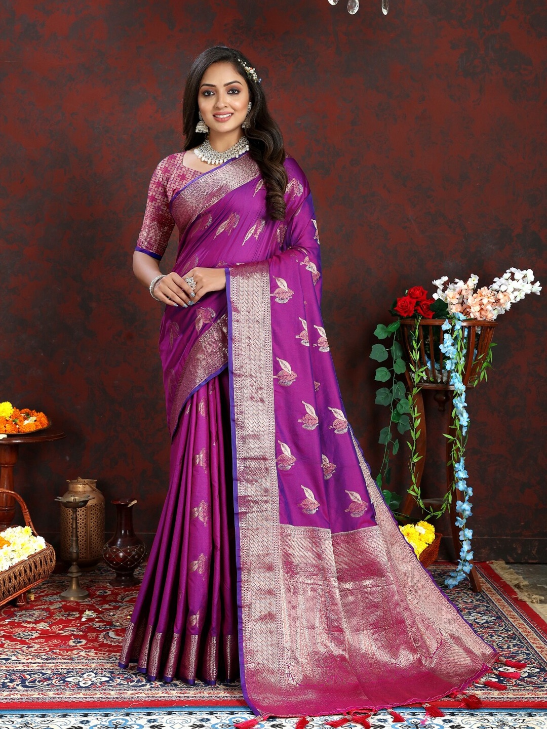 

Anouk Floral Woven Design Zari Pure Silk Tussar Saree, Purple