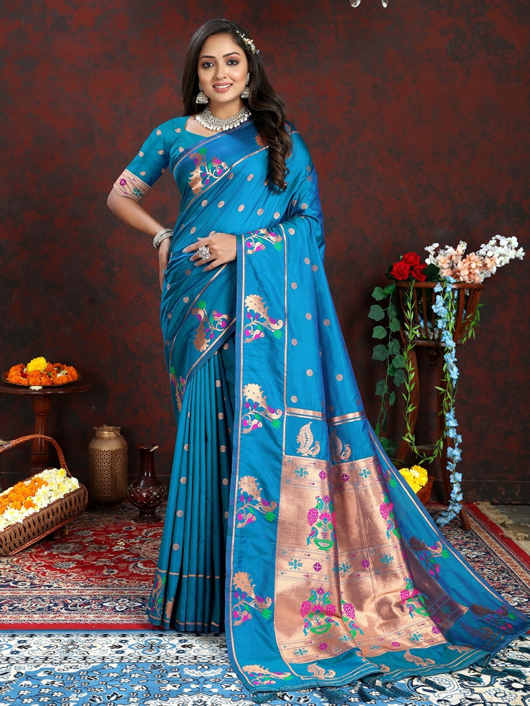 

Anouk Ethnic Motifs Woven Design Zari Pure Silk Paithani Saree, Teal