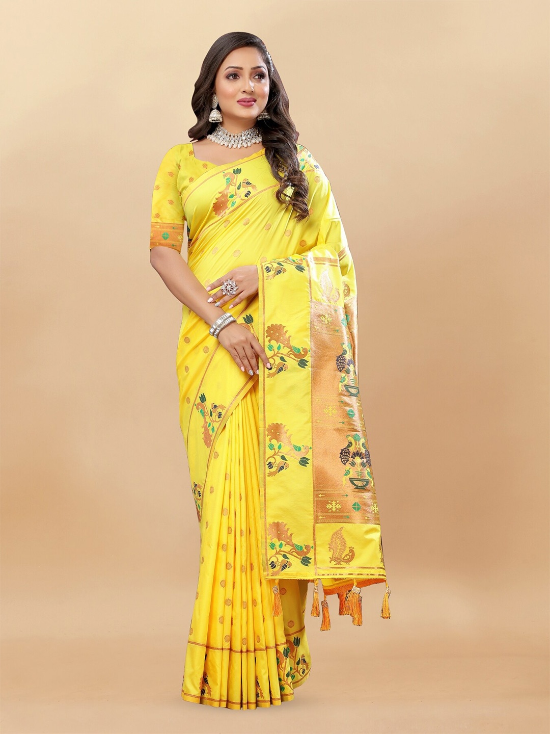 

Anouk Ethnic Motifs Woven Design Zari Pure Silk Paithani Saree, Yellow