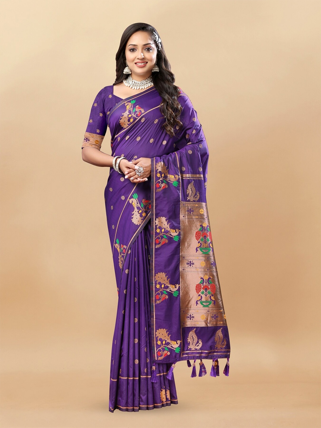 Anouk Ethnic Motifs Woven Design Zari Pure Silk Paithani Saree, Violet