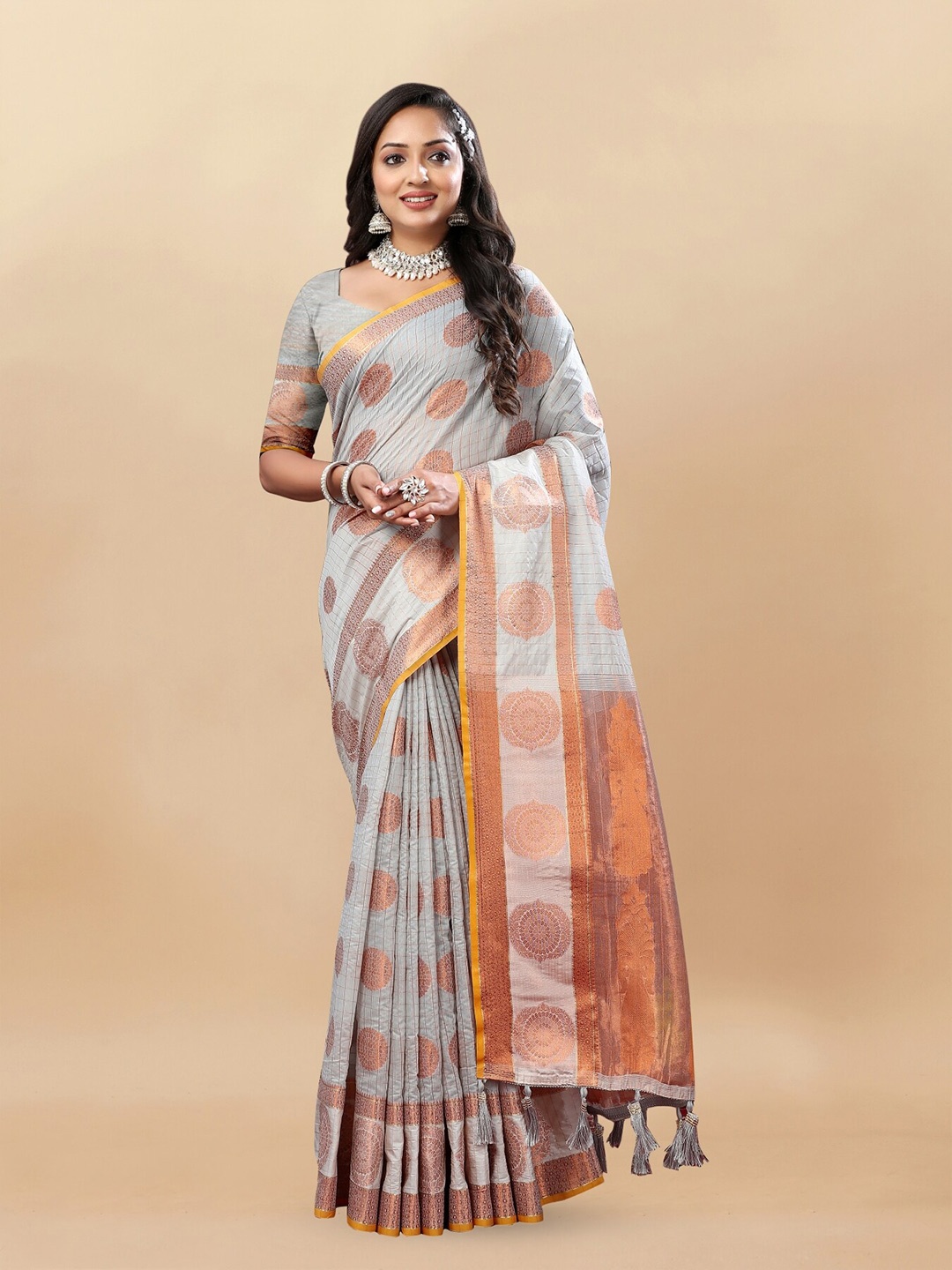 

Anouk Ethnic Motifs Woven Design Zari Pure Cotton Tussar Saree, Grey