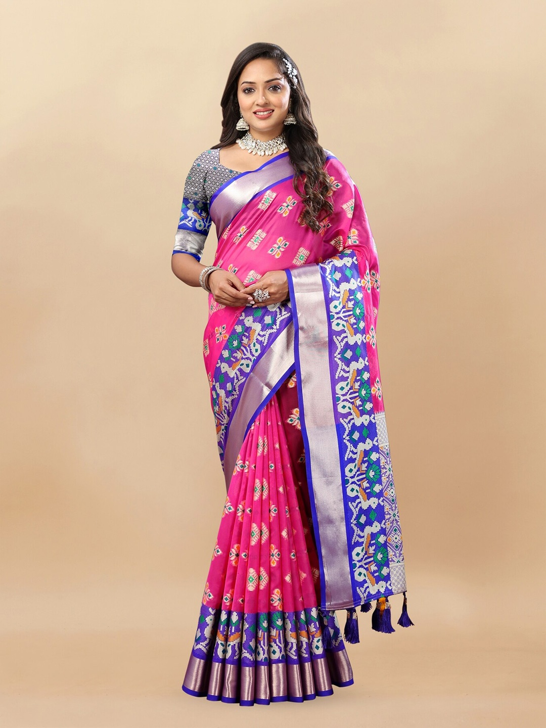 

Anouk Ethnic Motifs Woven Design Zari Organza Tussar Saree, Pink