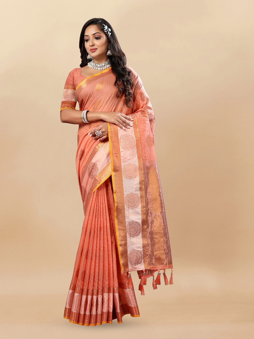 

Anouk Ethnic Motifs Woven Design Zari Pure Cotton Tussar Saree, Coral
