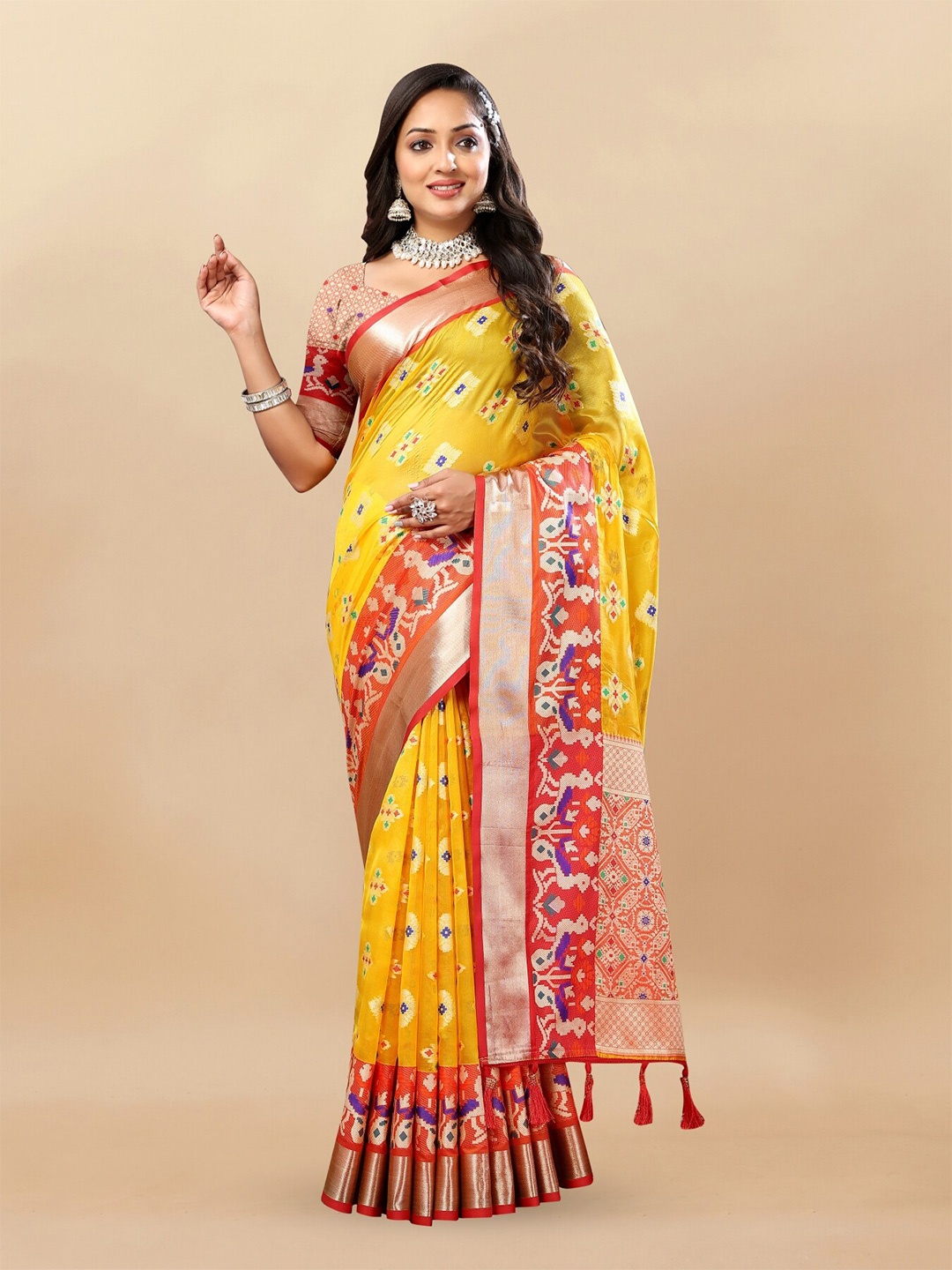 

Anouk Woven Design Zari Organza Tussar Saree, Yellow