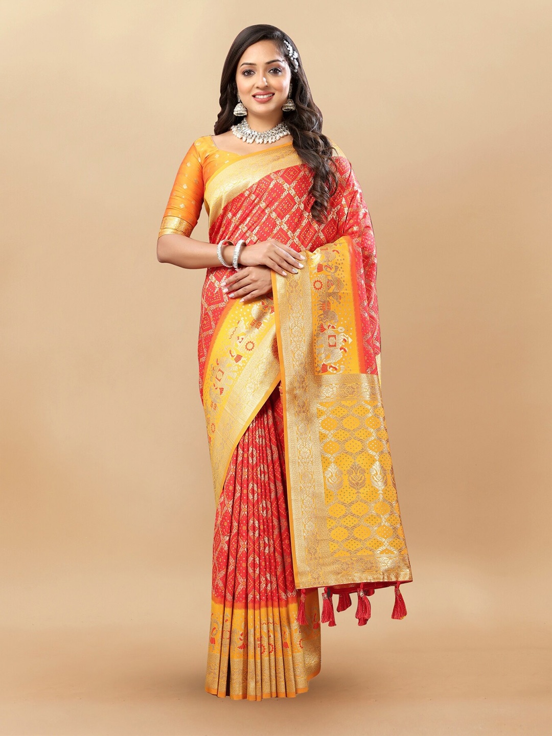 

Anouk Ethnic Motifs Woven Design Zari Pure Silk Patola Saree, Orange